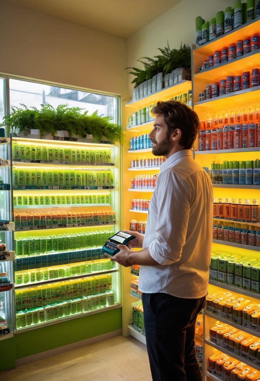 A vibrant battery shop showcasing an array of colorful alkaline and lithium batteries on shelves, with a friendly salesperson assisting a diverse group of customers. Sunlight filters through the window, casting warm glows on the products. The setting is lively, suggesting the excitement of finding affordable options for energy needs. Emphasize the eco-friendly aspect with greenery around the shop. super-realistic. vibrant colors. bright lighting.