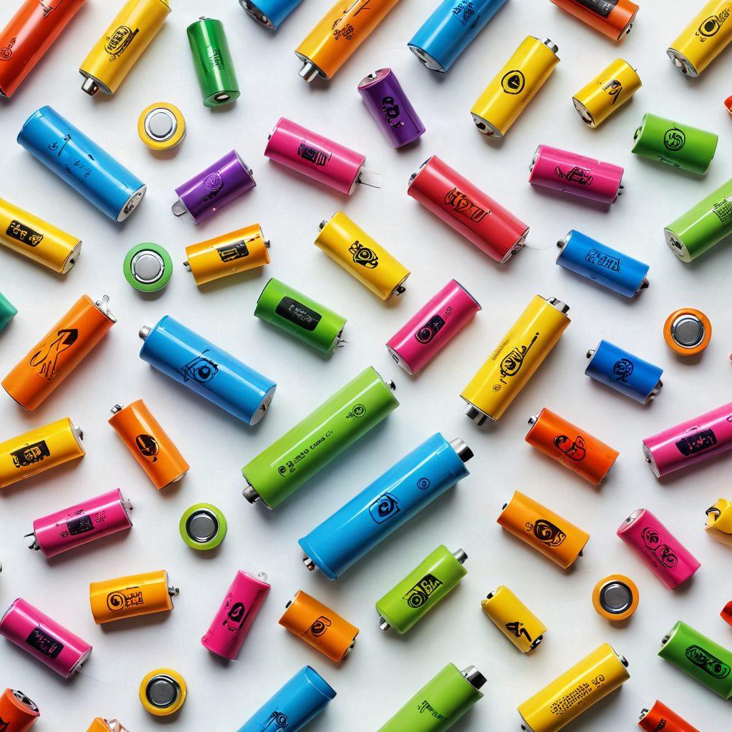 A dynamic flat lay showcasing various high-quality batteries with vibrant price tags indicating discounts. Include a playful calculator and a magnifying glass searching for the best deals. Incorporate a background of electric symbols and lightning bolts to signify power. The scene should convey excitement and energy in shopping smartly for batteries. super-realistic. vibrant colors. white background.