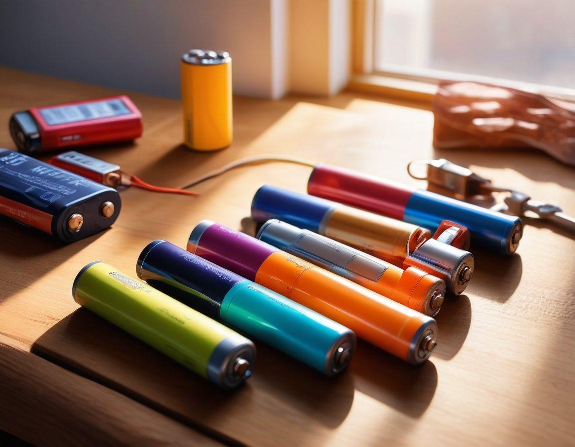 A dynamic scene showcasing a variety of affordable and reliable batteries in vibrant colors, organized neatly on a wooden surface. In the background, a person joyfully using a battery-operated gadget, symbolizing empowerment and energy. Bright sunlight filtering in, casting cheerful shadows, conveying positivity and enthusiasm about battery usage. Emphasize the feeling of joy and empowerment through the products. hyper-realistic. vibrant colors. natural light.